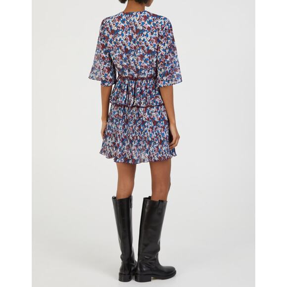 NWT Ganni Pleated Georgette Mini Dress Multi-Color Flounce V-Neck NEW sz 36 - Picture 15 of 16